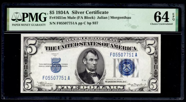 UNITED STATES 1934 $5 Silver Certificate. FR#: 1651m (MULE). PMG Graded: 64 EPQ.