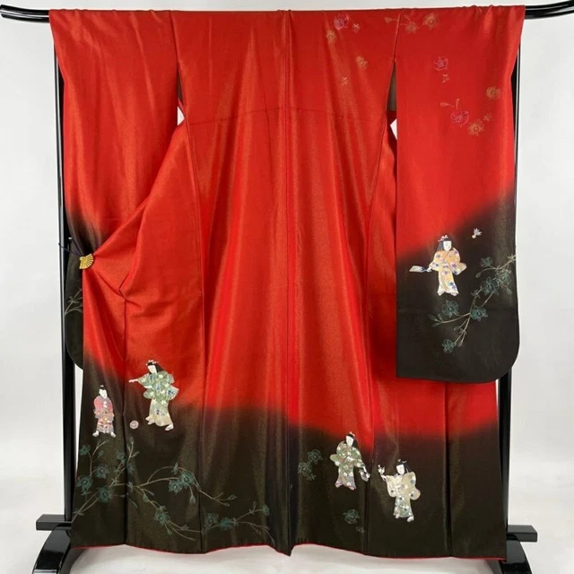 Japanese Kimono Furisode Pure Silk Child Branch Flower Gold Threading Red