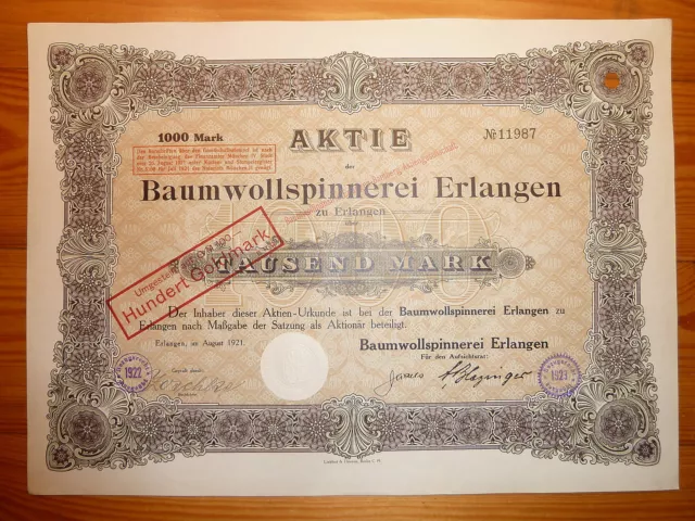 D: Baumwollspinnerei Erlangen, Bamberg, 1921, 1000 Mark *