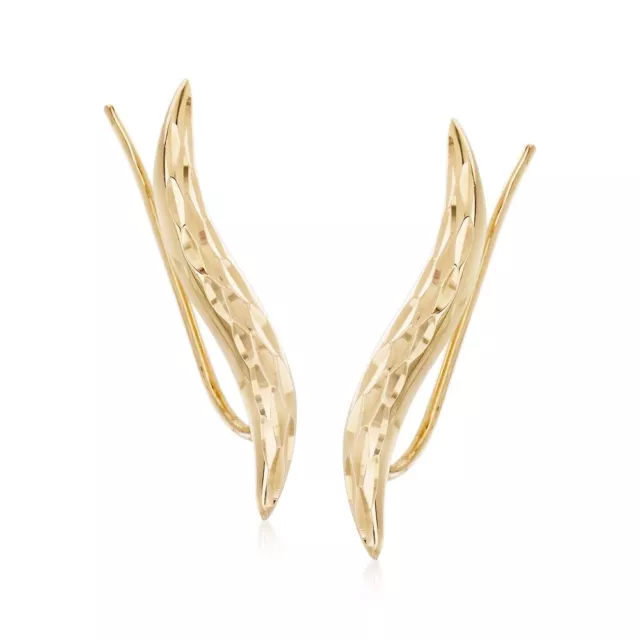 Diamond Cut Leaf Ear Climber Crawler Cuff Earrings Real 14K Yellow Gold