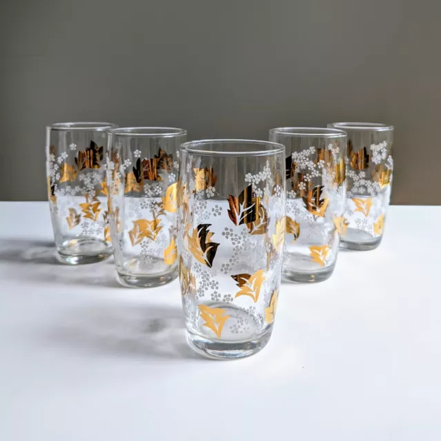 5 x Vintage 1960s Glass Gold Leaf White Flowers Tumbler Retro Drinking Glasses