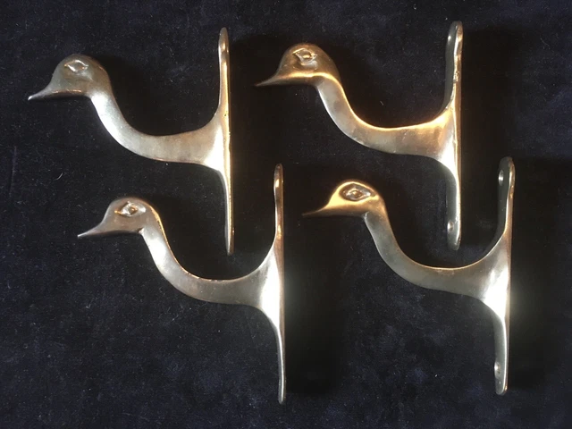 Set of 4 Vintage Solid Forged ￼Brass Duck Head Hat Coat Hanger Curtain Rod Hook 2
