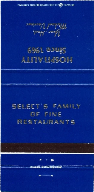 Select's Family of Fine Restaurants Since 1969 Vintage Matchbook Cover