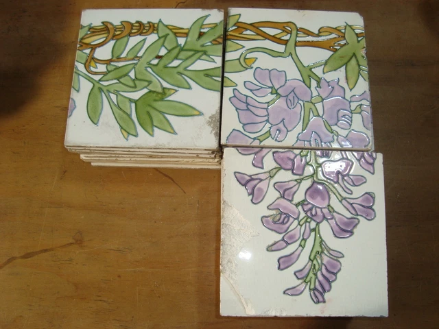 Purple wisteria flowers 36 France Sarreguemines Original antique reclaimed tiles 2