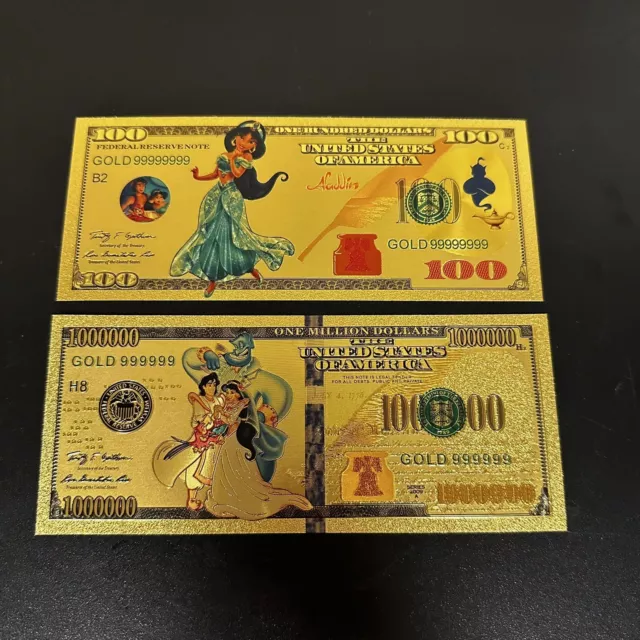 24k Gold Foil Plated Jasmine Aladdin Disney Princess Banknote Set Collectible