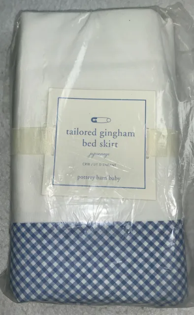 Pottery Barn Baby Blue Gingham Check Crib Skirt Tailored Dust Ruffle Nursery NWT