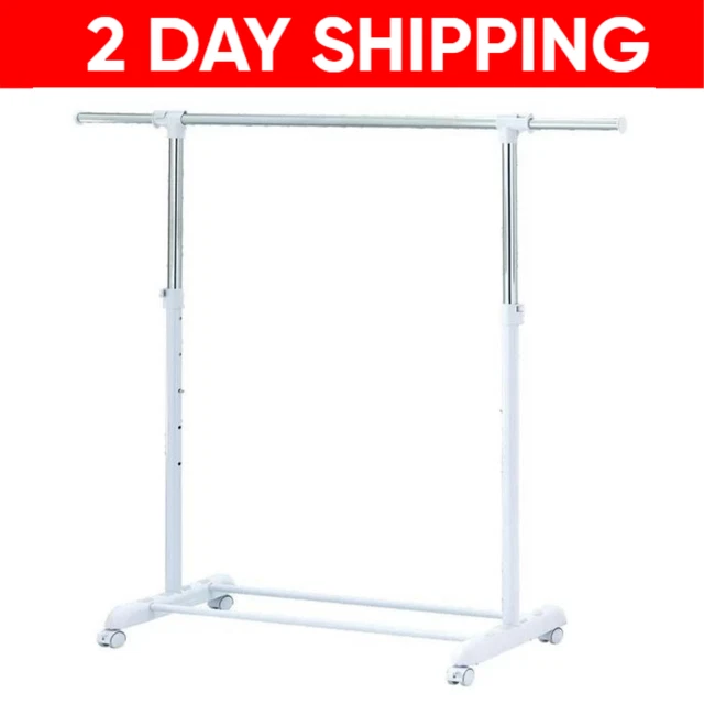 Heavy Clothes Hanger  Adjustable Height Rolling Garment Rack Metal Chrome, White
