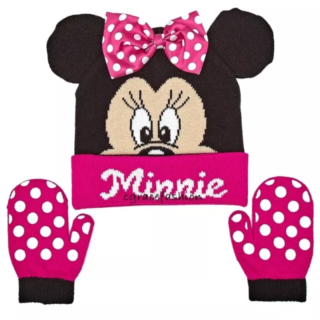 Disney Minnie Mouse Girl 3D Ears Bow Pink Winter Beanie Ski Hat Cap Mittens Set