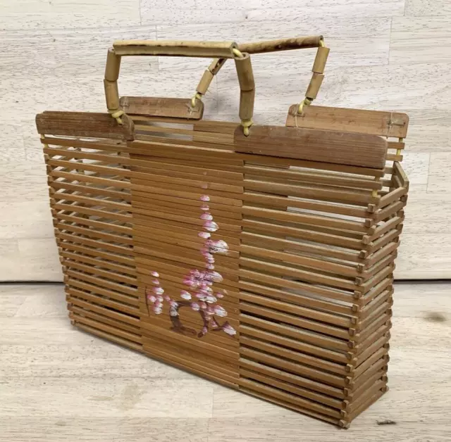 Painted Wooden Basket Bag Purse Cherry Clutch Handbag Womens Asian Bamboo Wood