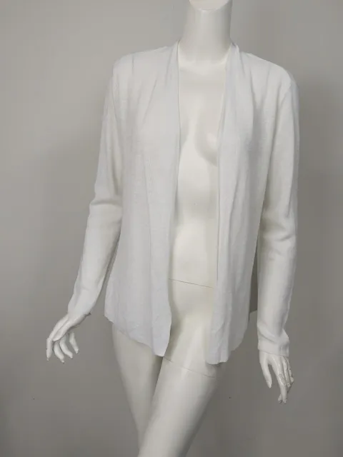 EILEEN FISHER White Micro-Ribbed Knit Organic Linen Open Front Cardigan sz M