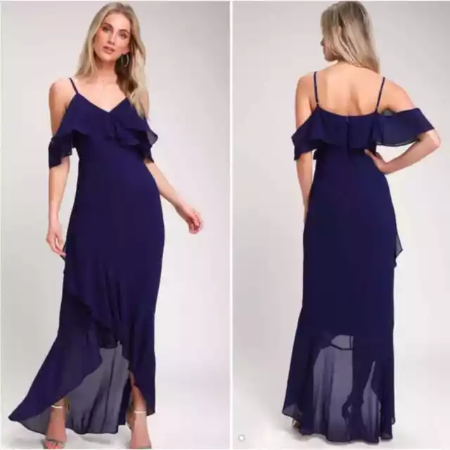 Lulu's Caden Royal Blue Off-the-Shoulder Ruffled Maxi Dress Womens Size Medium