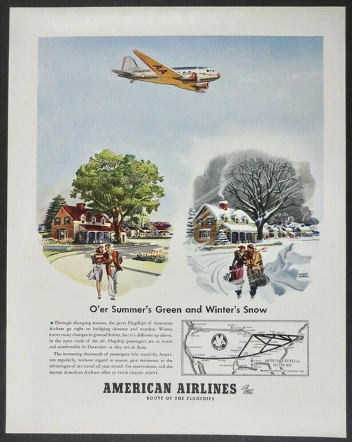 VINTAGE AD 1940 American Airlines Summer and Winter artist Albert Dorne