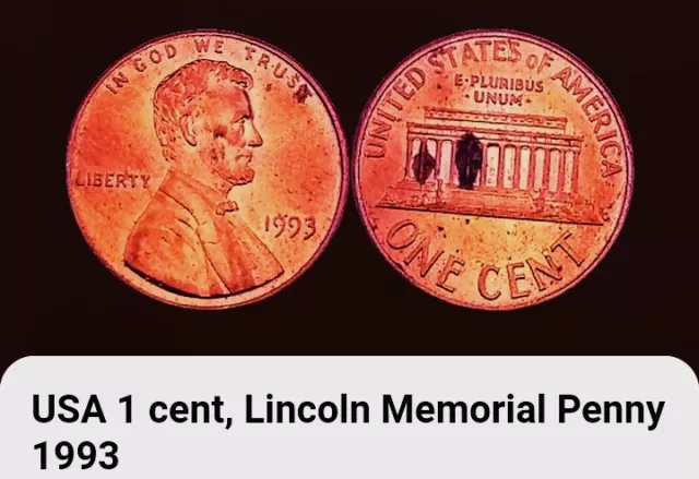 1993 USA 1 Cent Coin BONUS OFFERS. Abraham Lincoln Memorial One Penny Bronze