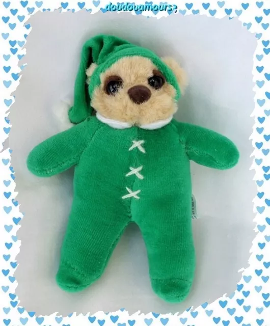 Doudou Peluche Ours Beige Vert Bonnet Pompon Blanc Françoise Saget