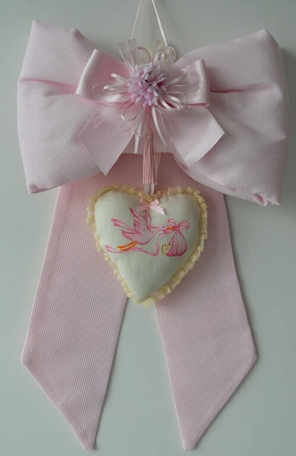 Fiocco Nascita Colore Rosa Dipinto A Mano Con Cuori In Cotone Piquet Art Cicogna