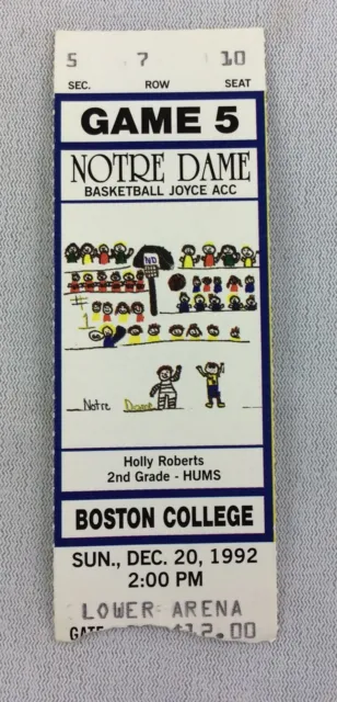 1992 12/20 Boston College at Notre Dame Basketball Ticket Stub - Seat 10