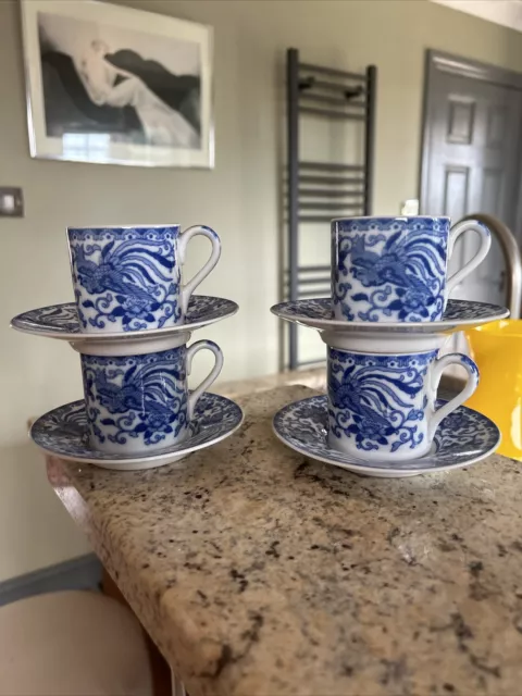 4 x Howo Noritake Phoenix Blue White Japanese Flat Demitasse Coffee Cup Saucers