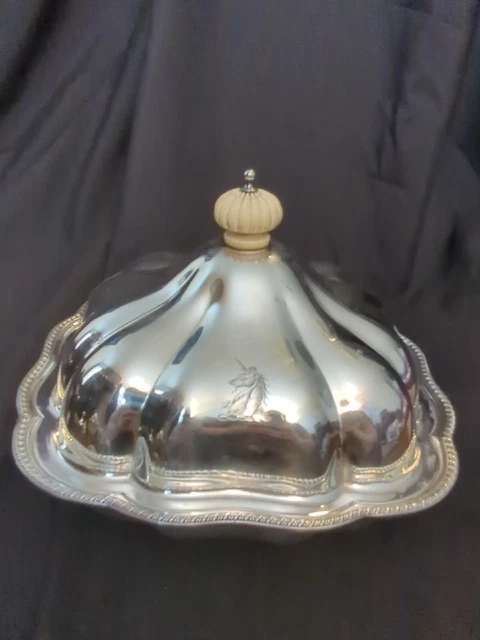 Vintage Silver Plated Square Bowl With Lobed Lid. Unicorn Engraved