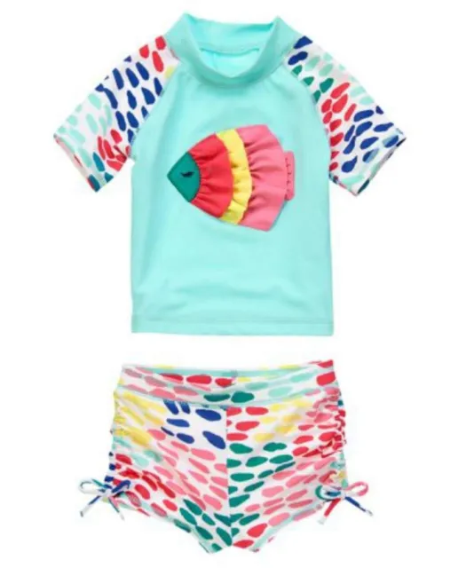 NWT Crazy 8 Swim Ruffle Fish Rash Guard Set Swimsuit Girl toddlers 12-18M