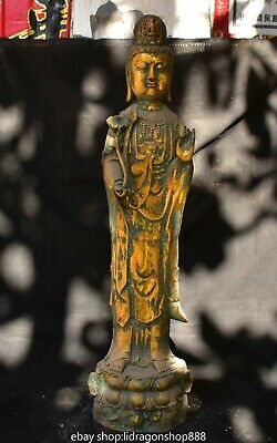 31.6" Ancien Chinois Bronze Ware Doré Kwan-yin Guan yin Déesse Lotus Statue