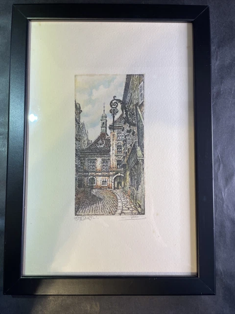Wein Schonlaterngasse Watercolor Silkscreen Signed 12.5x9.75