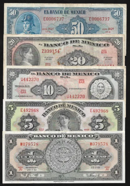 Mexico - Set/5 Notes - 1/5/10/20/50 Pesos - 1950's to 1970's - Nice Circ