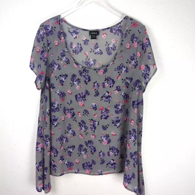 TORRID SHEER BLOUSE 1 Gray Purple Floral Short Sleeve $19.99 - PicClick