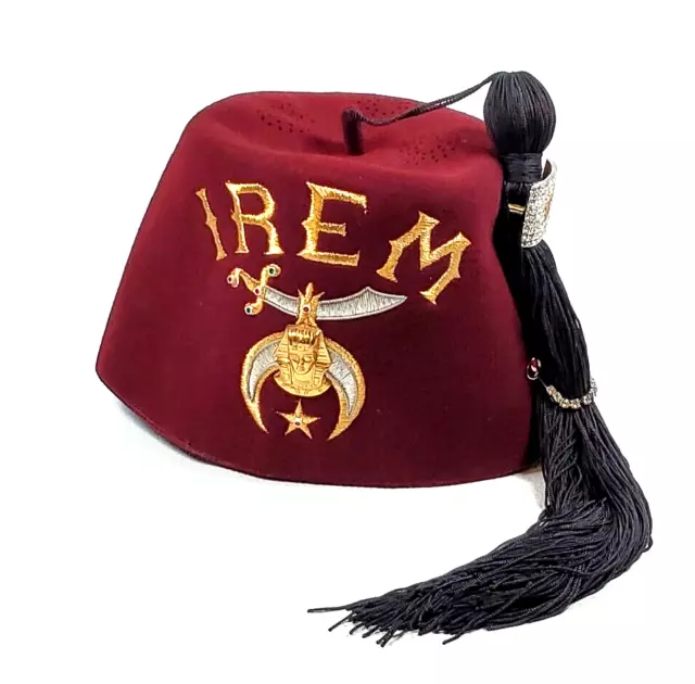 VTG Jeweled IREM Shriners Red Fez hat w/pins &Tassel D Turin & Co SZ 7 1/8 Nice!