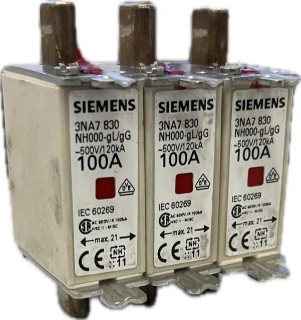 3x Siemens 3NA7 830 Sicherungseinsatz 100A NH000-gL/gG