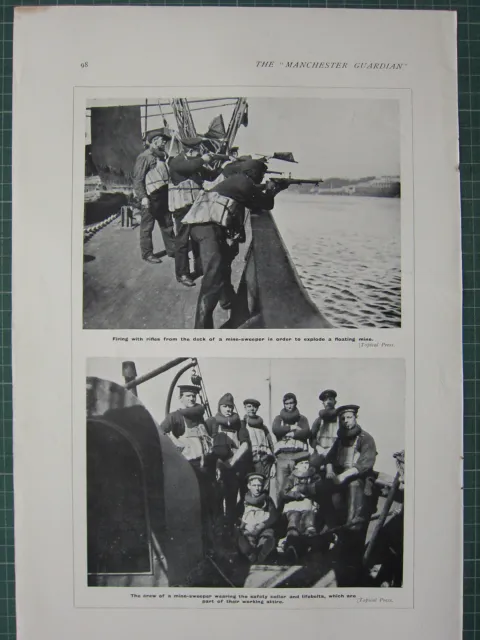 1915 Wwi Ww1 Print ~ Firing Rifles On Deck Mine-Sweeper ~ Crew With Lifebelts