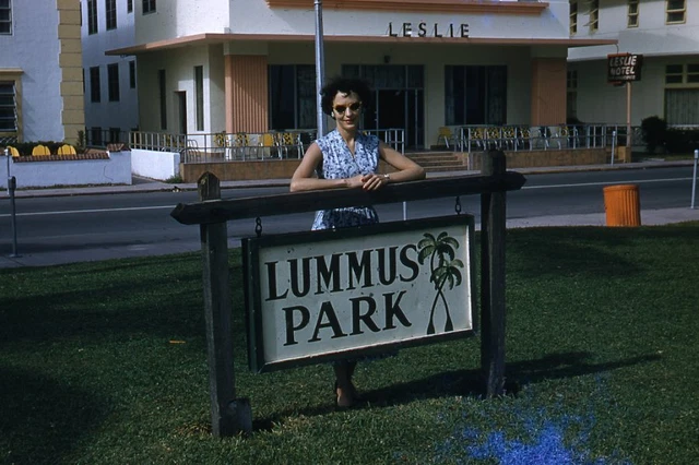 Kodak Slide 1950s Red Border Kodachrome Woman Posing at Lummus Park Sign