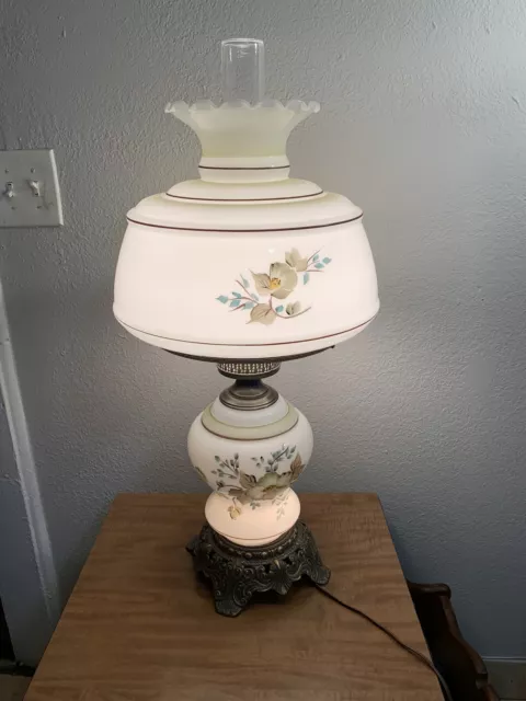 Vintage Milk Glass Painted Flowers Hurricane Parlor Brass Table Lamp