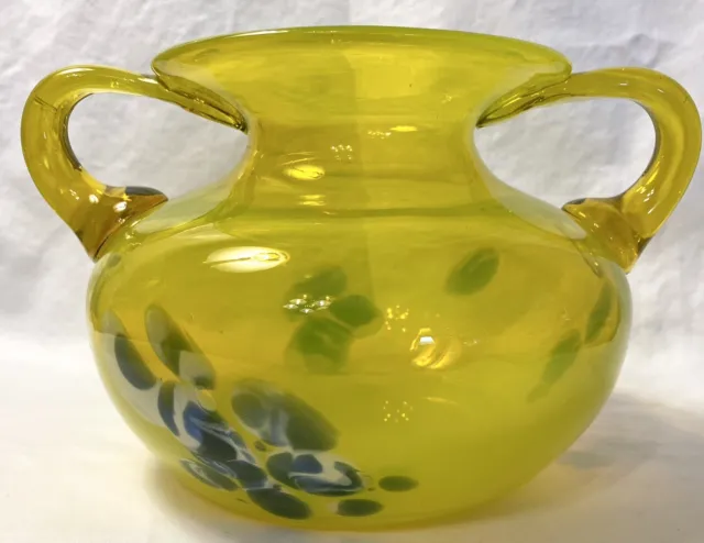 Pier 1 VTG Hand Blown Vase Art Glass Yellow Green & Blue Double Applied Handles