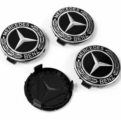 SET OF 4 Mercedes-Benz 75MM Classic Black Wheel Rims Center Hub Caps AMG Wreath