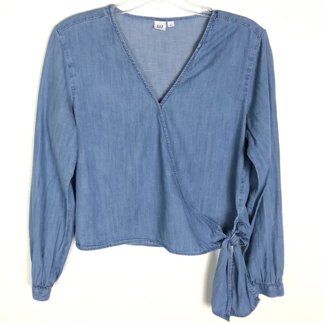 Gap Womens Blue Chambray Wrap Top Tie Long Sleeve Size Large