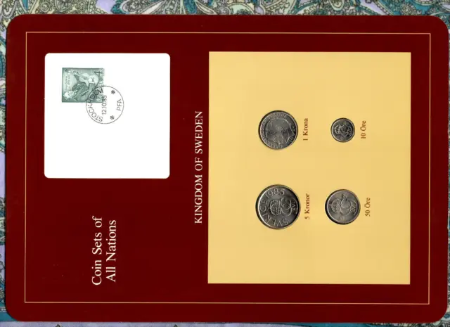Coin Sets of All Nations Sweden w/card UNC 1985 5 Kronor, 1 Krona, 10 & 50 Ore