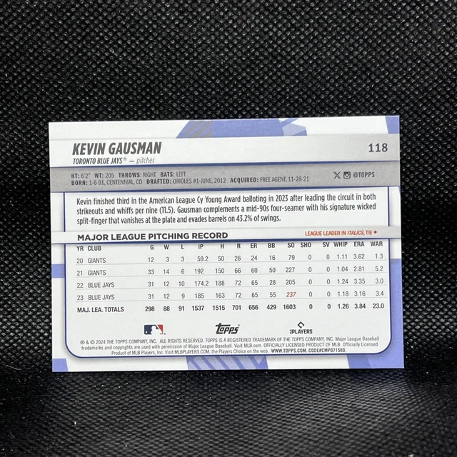 KEVIN GAUSMAN 2024 Topps Big League Baseball Card 118 Toronto Blue