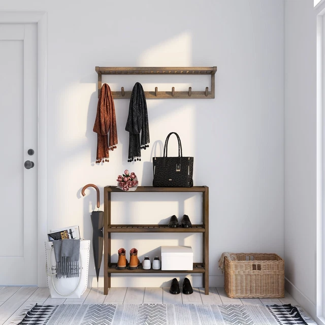 NewRidge Home Abingdon Solid Wood Large Peg Rack with Shelf Brown