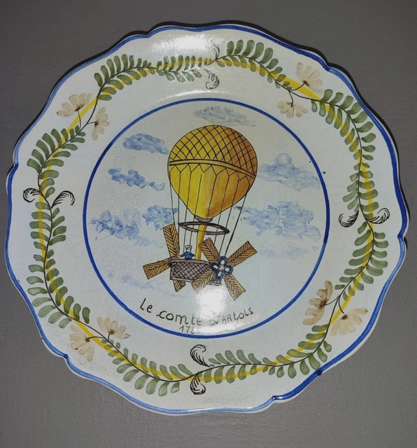 Assiette Décorative Vintage - Motif Dirigeable Et Montgolfière - Bon état