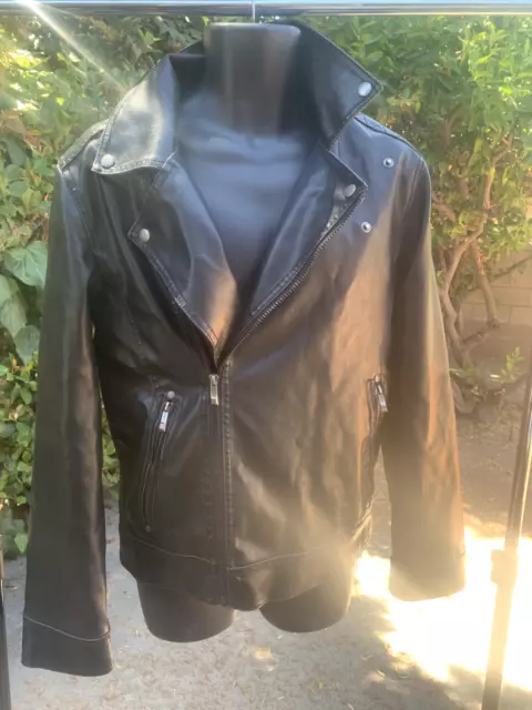 Guess Leather Moto Mens Jacket Black Asymmetrical Zip Small