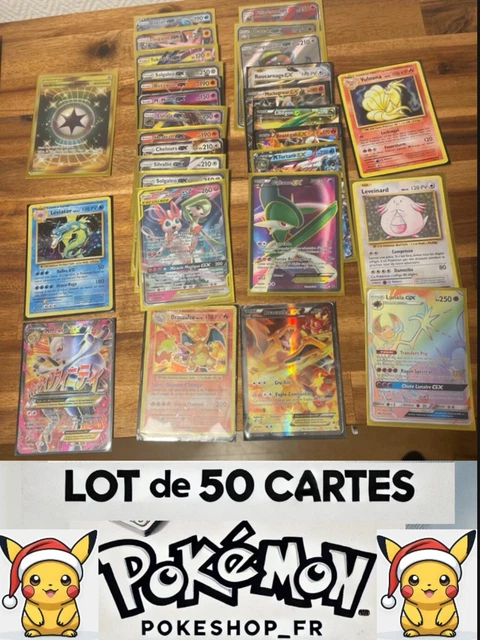 Lot De 50 Cartes Pokémon – Français – 1 Ultra Rare (V/EX) + 3 Brillantes + 2 Autocollants – Sans Doublon