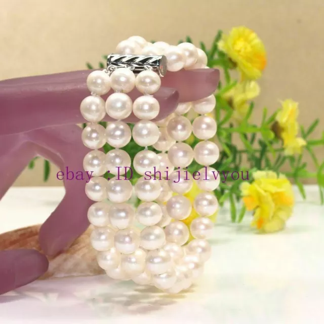 Natural 3 row 7-8mm 8-9mm white pink cultured round real pearl bracelet bangle