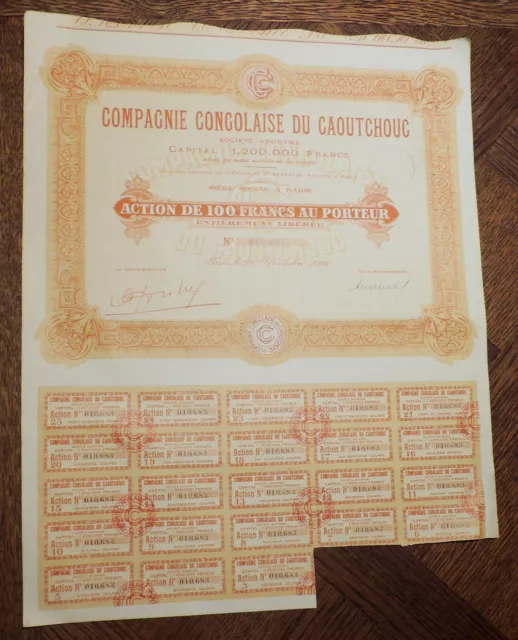 ACTIONS DE 100 francs AU PORTEUR. COMPAGNIE CONGOLAISE DU CAOUTCHOUC. 1926
