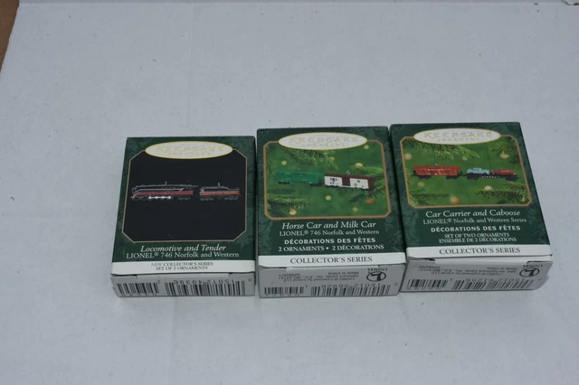 Hallmark SET of 3 MINI LIONEL TRAIN Ornaments MIB Locomotive Tender Horse car