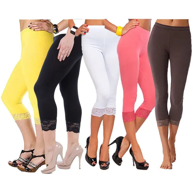 New Womens Plus Size Plain Lace Trim Soft Cropped Capri 3/4 Leggings Pants 12-30