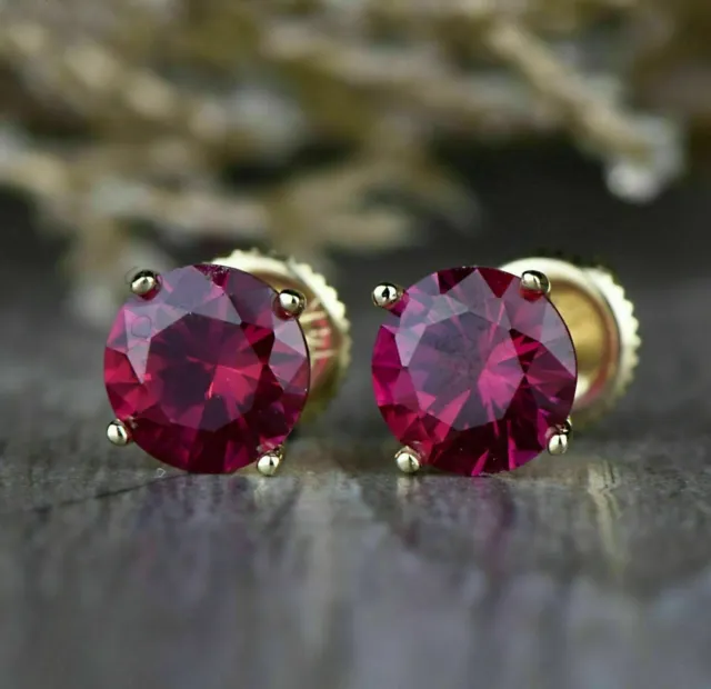 7mm Round Cut Lab Created Pink Sapphire for Women's Earrings 925 14k Gold Plated