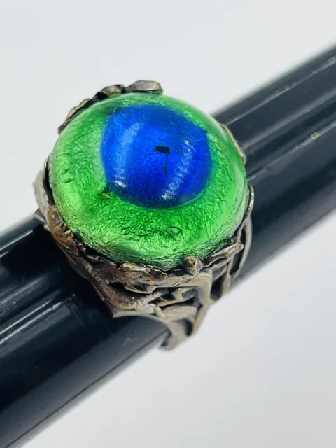 Antique Victorian Blue Green Peacock Glass Eye Snake Reptile Ring Size 8.5