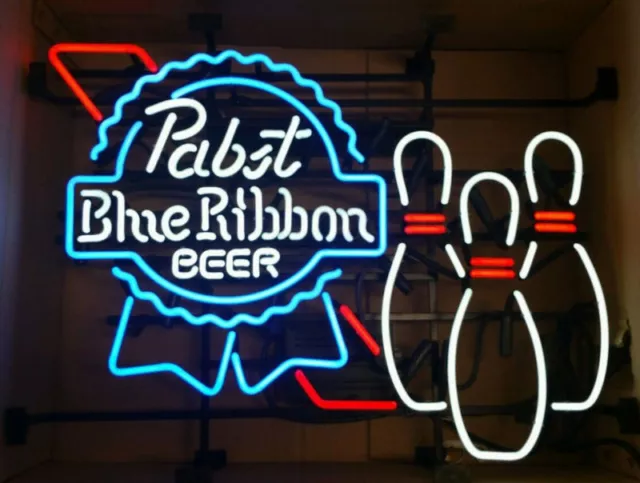 Pabst Blue Ribbon Beer Bowling Pins Skittles 24"x20" Neon Light Sign Lamp Bar