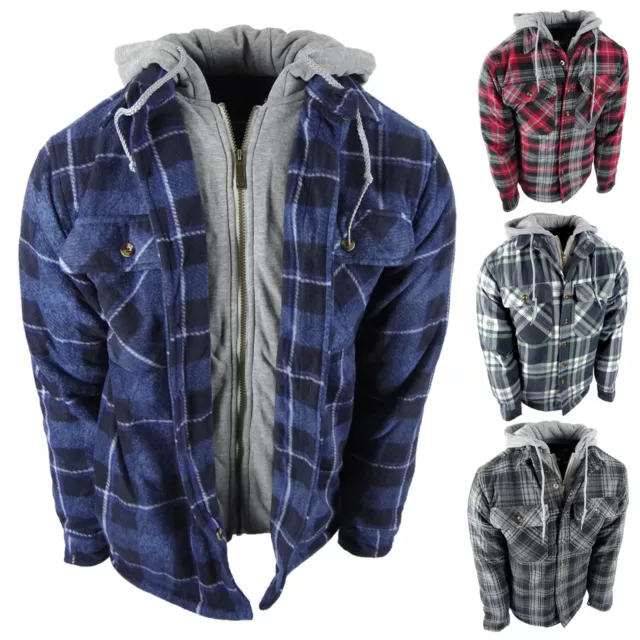 Mens Plaid Flannel Shirt Hoodie Soft Fuzzy Fleece Sherpa Lined Zip-Up 4 Pocket