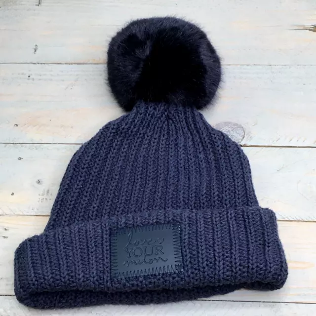 Love Your Melon Pom-Pom Beanie OSFM Navy Blue Removable Pom Pom Cuffed NWT